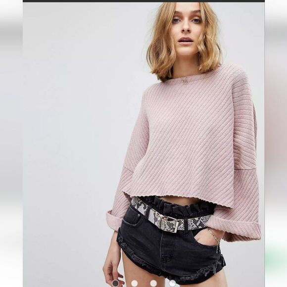 Free People I Can't Wait Crop Ribbed Sweater Cuffed Wide Sleeve XS Pink - Picture 3 of 6